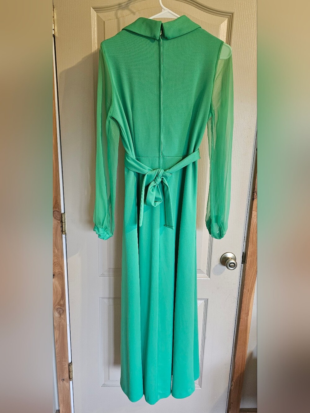 Vintage 1970's Fortrel Celanese Long Chiffon Sleeve Belted Green Maxi Dress Sm 6 - Picture 4 of 8